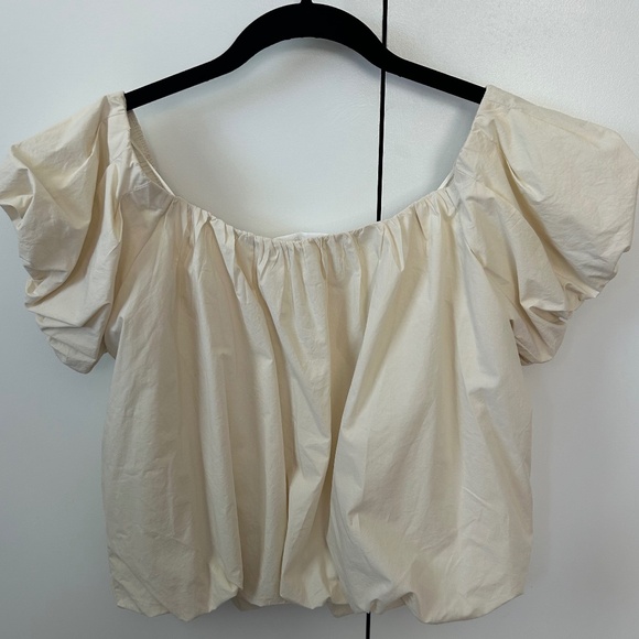 Cream Off the Shoulder Crop Top with Puffed Sleeves - Picture 1 of 3